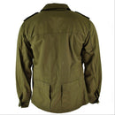 Back view of genuine vintage Czech army M85 field jacket in olive green military fabric.