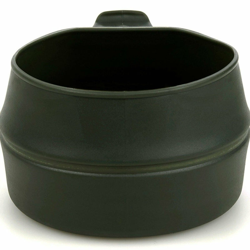 Dark green collapsible Wildo foldable camping cup in open position for outdoor and travel use.