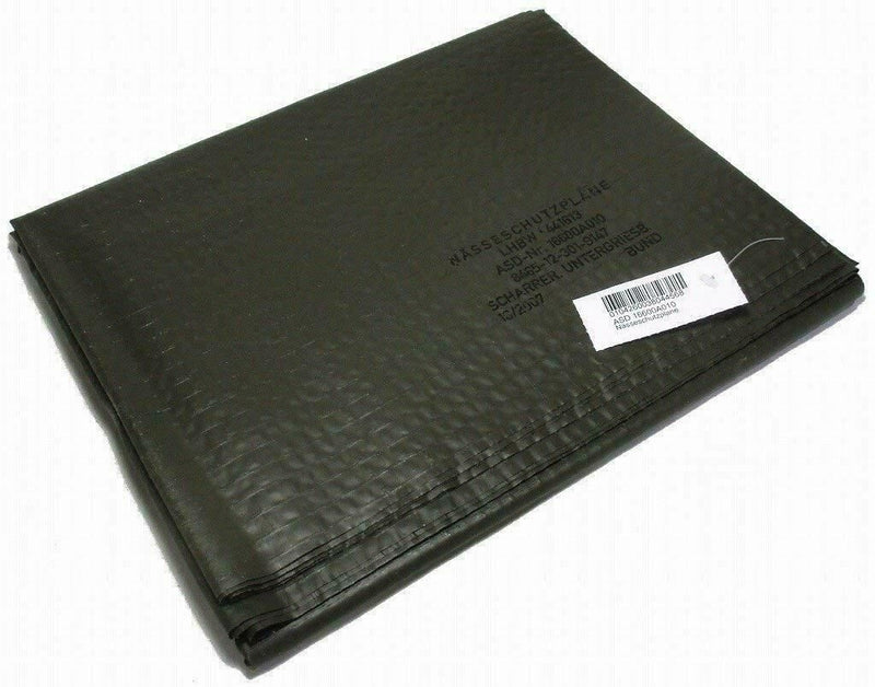 Folded olive drab waterproof German military groundsheet tarpaulin for camping and outdoor protection.