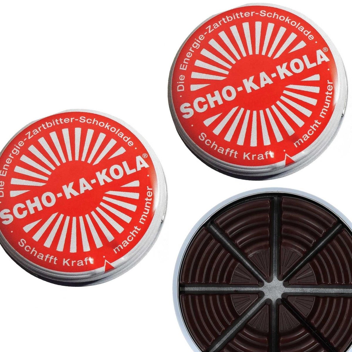Duitse energie donkere chocolade Scho-Ka-Kola cafeïne & cola noot 100 g tin blikje