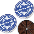 Blue tin can of Scho-Ka-Kola German milk chocolate with caffeine, showing eight wedge-shaped pieces inside.