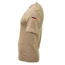 Khaki German military short sleeve shirt with tropical chest hook and loop and shoulder flag patch.
