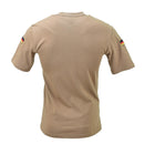Back view of khaki German military short sleeve shirt with tropical chest hook and loop shoulder flags.