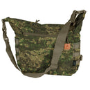 Helikon-Tex Bushcraft Satchel shoulder bag in green camo cordura with MOLLE panels and adjustable strap for outdoor use.