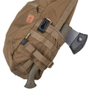 Tan Helikon-Tex Bushcraft Satchel with MOLLE straps holding an axe, made from durable Cordura nylon material.