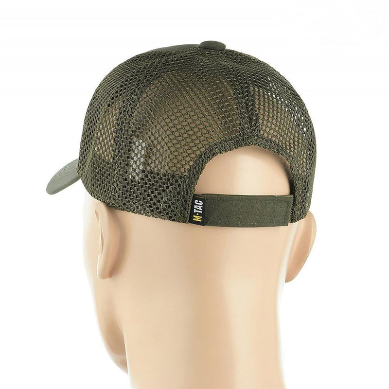 Back view of M-TAC olive military style mesh baseball cap with adjustable hook and loop strap on mannequin