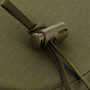 Close-up of adjustable olive green cord lock and cord on lightweight tactical boonie hat fabric