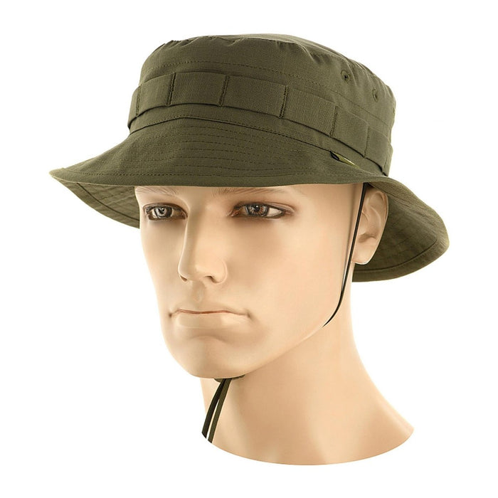 M-TAC Olijfgroene booniehoed in militaire stijl met verstelbare kinband en camouflagelussen voor tactisch gebruik buitenshuis.