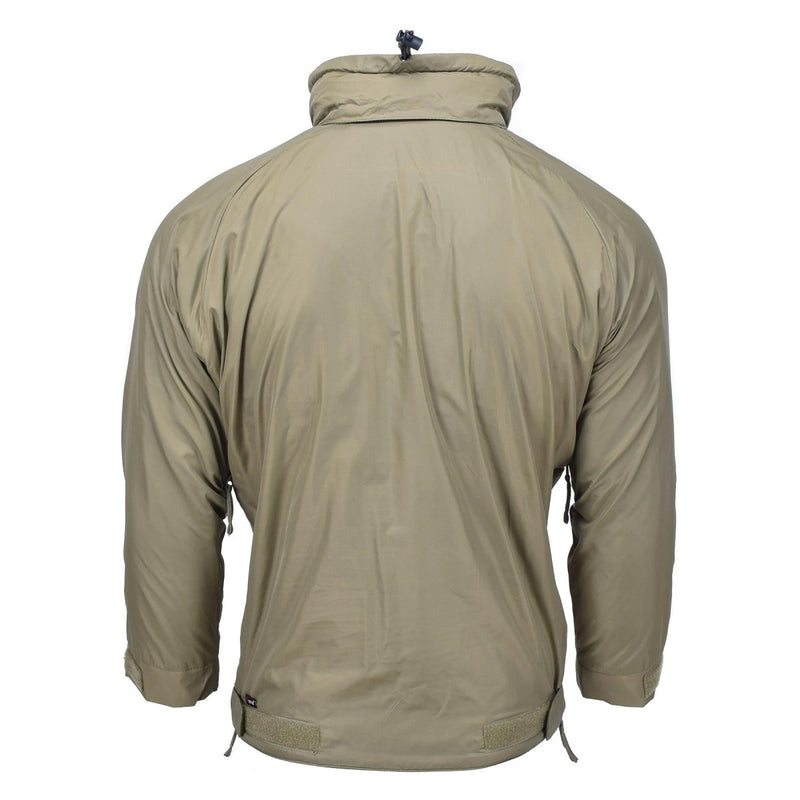 Back view of lightweight thermal anorak jacket in olive drab green with hood and adjustable features