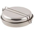 Compact stainless steel 5-piece mess kit with pot, pan, bowl, and lid for camping, hiking, and trekking use.