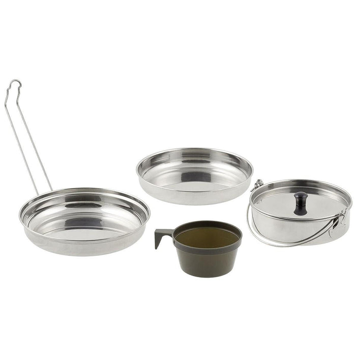 MFH roestvrijstalen 5-delige kampeermesset met pot, pan, kom en plastic beker voor wandelen en trekking