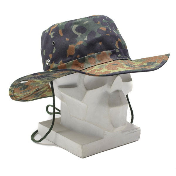 MFH Military bush style hat in flecktarn camo with wide brim and chin strap for outdoor and summer use.