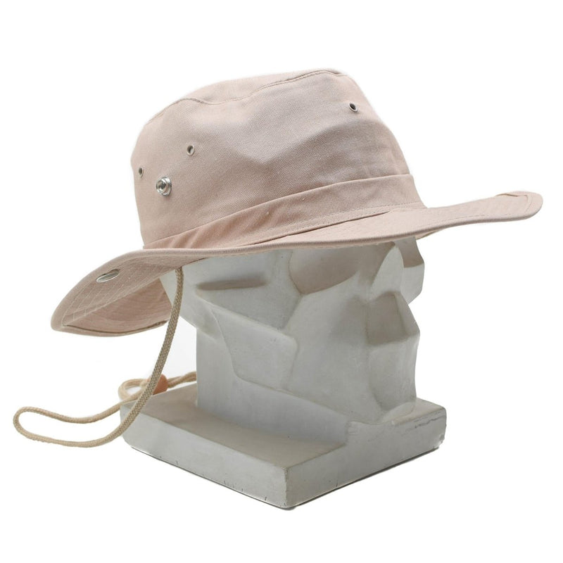 Khaki MFH military style wide brim boonie hat with chin strap and ventilation holes for outdoor activities