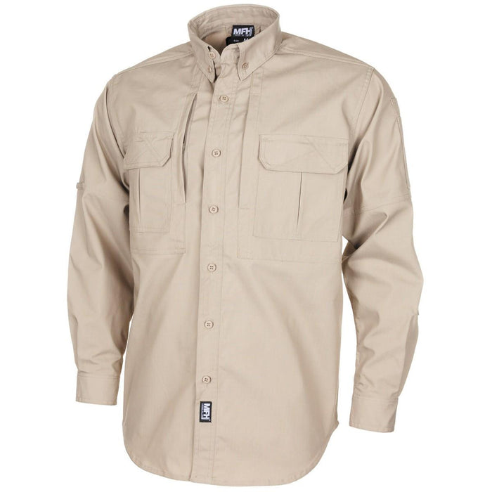 Kaki MFH tactisch shirt in militaire stijl met ripstop-stof, lichtgewicht ontwerp, knoopsluiting en borstzakken.