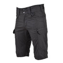Black military-style bermuda shorts with cargo pockets, plastic D-ring, and adjustable waist made from durable ripstop cotton.