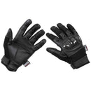 Black MFH tactical gloves with knuckle protectors and adjustable wrist straps for shooting and outdoor use