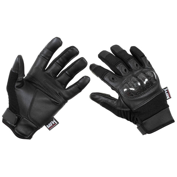 Black MFH tactical gloves with knuckle protectors and adjustable wrist straps for shooting and outdoor use