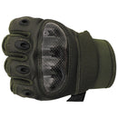 Military-style olive tactical glove with carbon knuckle protectors and adjustable wristband, fingerless for precision use.