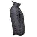 Side view of black MFH lightweight thermal hooded Anorak jacket with front pocket and adjustable collar