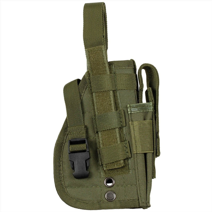 Olijfgroene MFH rechtshandige pistoolholster met MOLLE-sluiting, klittenband- en drukknoopsluitingen