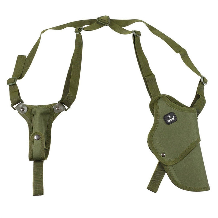 MFH rechtshandige verstelbare groene nylon schouderholster met dubbele veiligheidspal voor tactisch of dagelijks gebruik