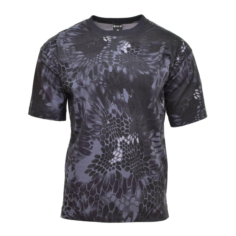 Men's short sleeve breathable undershirt with black snake camouflage pattern, military-style outdoor t-shirt