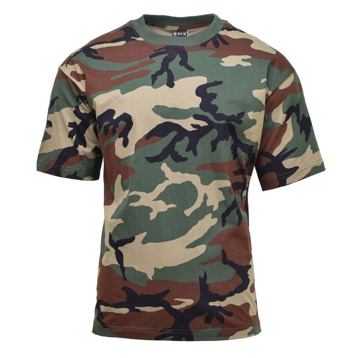 T-shirt met korte mouwen in Amerikaanse militaire stijl in boscamouflagepatroon, ademend, duurzaam en lichtgewicht materiaal.