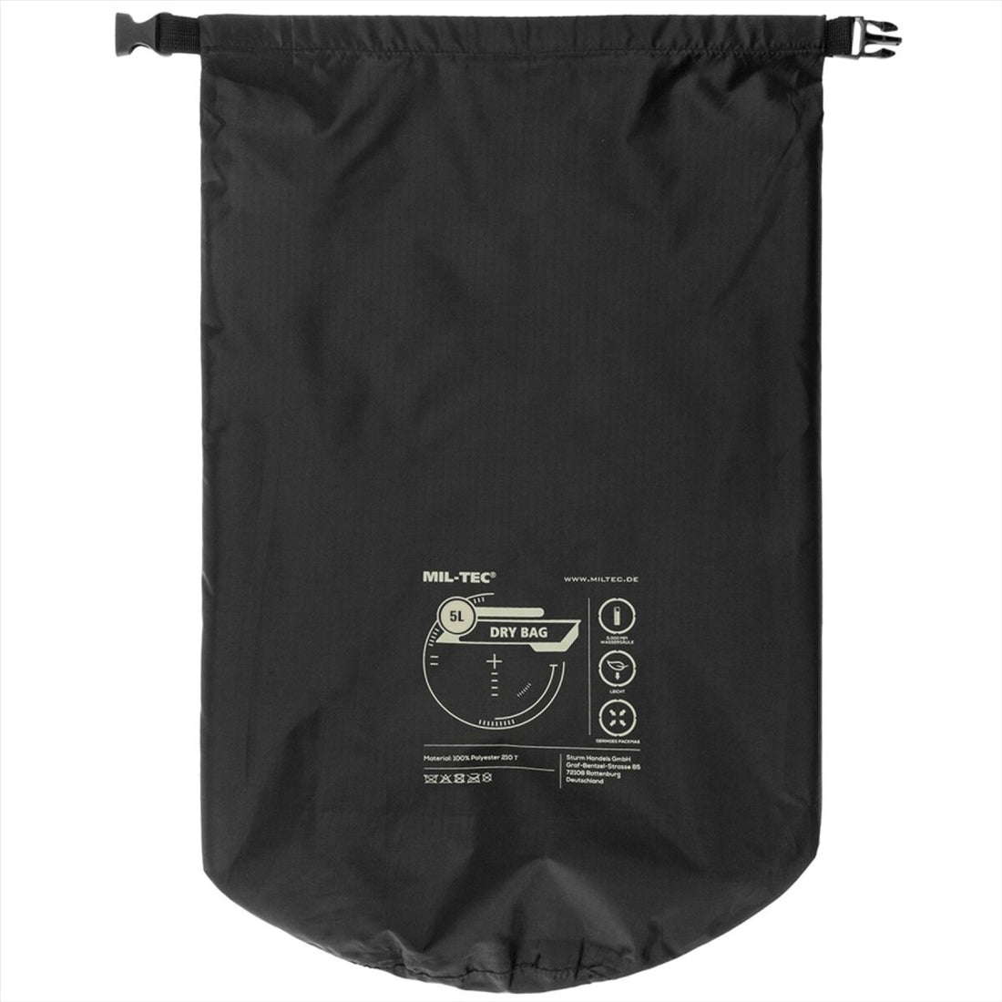 MIL-TEC 5L droge tas, waterdichte rolsluiting, opbergruimte voor buitenuitrusting, zwart