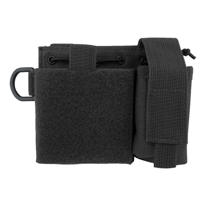 Zwart MOLLE admin-etui met meerdere compartimenten, duurzaam ontwerp en bevestigingsriemen voor het organiseren van tactische uitrusting.