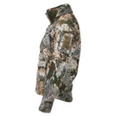 Side view of MIL-TEC army softshell tactical jacket with camouflage, multiple pockets, and high collar hood.