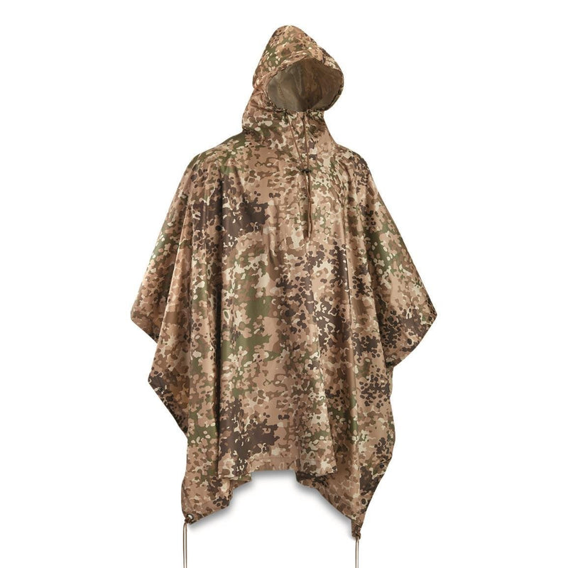 Mil-Tec waterproof camouflage poncho with hood, lightweight ripstop fabric, button-up front, and lanyard holes for outdoor use.