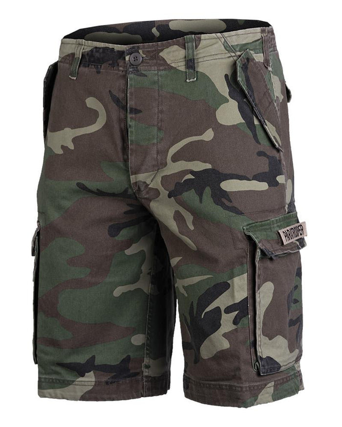 Mil-Tec Duitse militaire parachutisten-stijl voorgewassen cargoshort met boscamo, veilige zakken en duurzame stof.