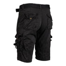 Mil-Tec black military-style cargo shorts with multiple pockets, adjustable waist, and vintage prewashed fabric design.