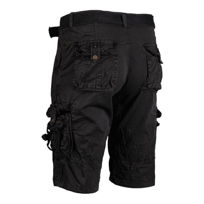 Mil-Tec black military-style cargo shorts with multiple pockets, adjustable waist, and vintage prewashed fabric design.