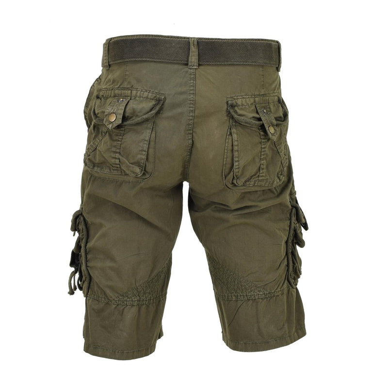 Mil-Tec vintage style olive green combat shorts with multiple secure pockets and rugged prewashed fabric.