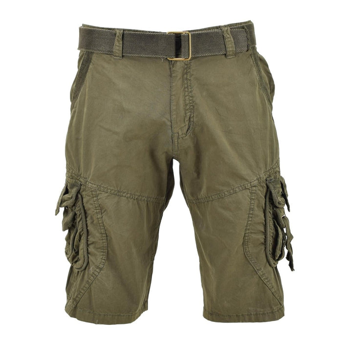 Mil-Tec voorgewassen olijfkleurige gevechtsshort in vintage-stijl met riem en veilige cargozakken voor robuust gebruik buitenshuis.