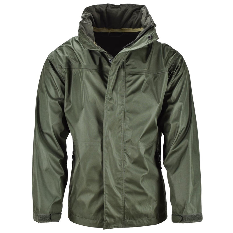 Olive green Mil-Tec men's waterproof jacket with zip and button storm flap, adjustable hood, and Velcro cuffs.
