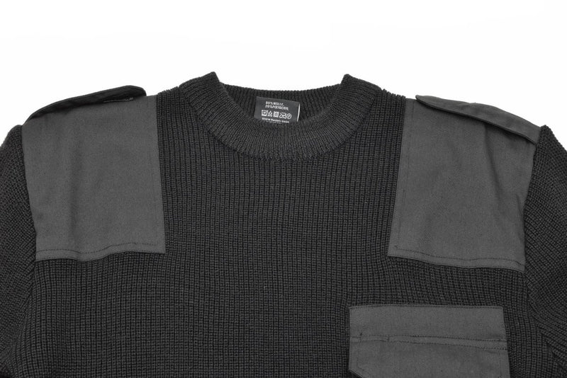 Black Mil-Tec men's German Bundeswehr sweater with reinforced shoulders, elbow pads, and signature round neck design