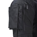 Close-up of black tactical combat shirt sleeve showing zippered pocket and padded elbow pocket by Mil-Tec