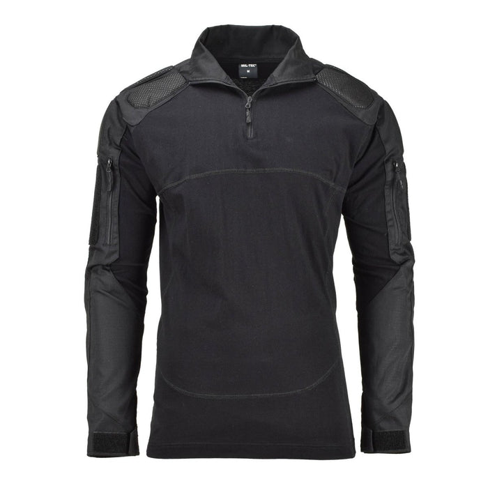 Mil-Tec zwart tactisch gevechtsshirt met gewatteerde ellebogen en schouders, ademende, duurzame en vochtafvoerende stof.