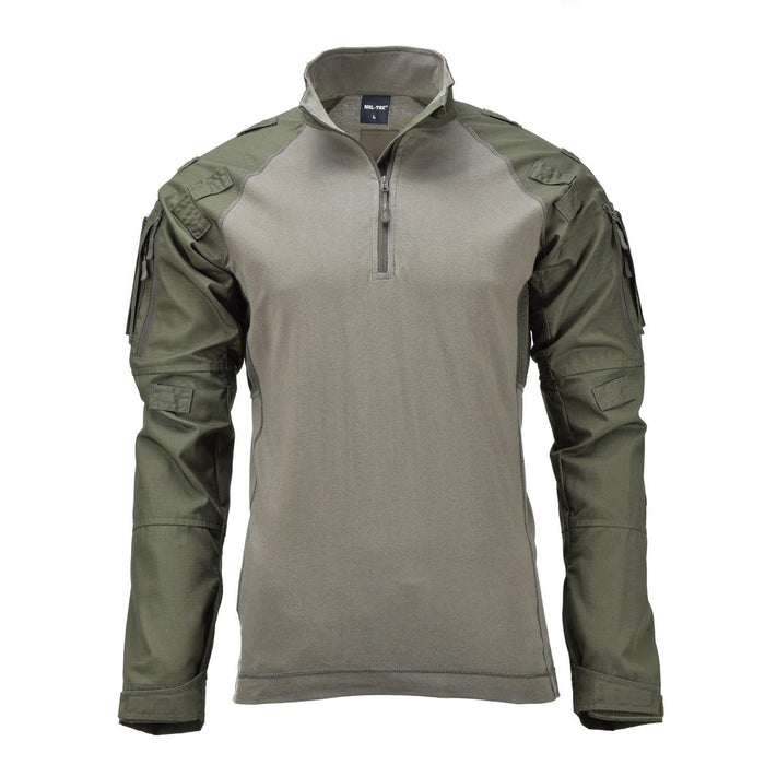 Mil-Tec olijfgroen tactisch gevechtsshirt in militaire stijl met kraag met ritssluiting en versterkte mouwen