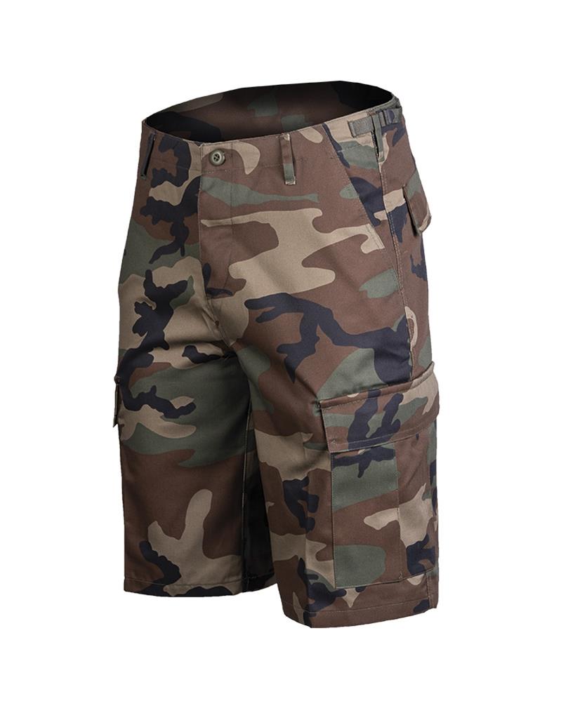 Mil-Tec military style woodland camouflage bermuda cargo shorts with durable fabric and multiple pockets for outdoor use.