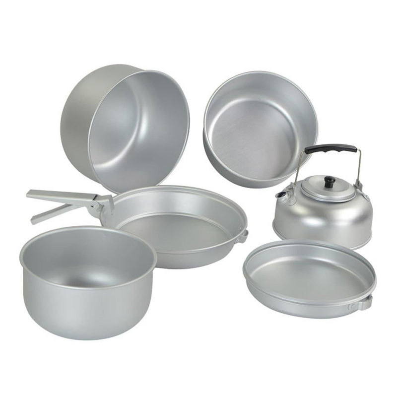 MIL-TEC lightweight aluminum camping cookware set with pots, pan, and kettle for outdoor cooking and boiling water.