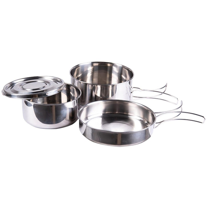 MIL-TEC roestvrijstalen 4-delige pannenset met pot, pan en bord voor kamperen en buitenkoken.