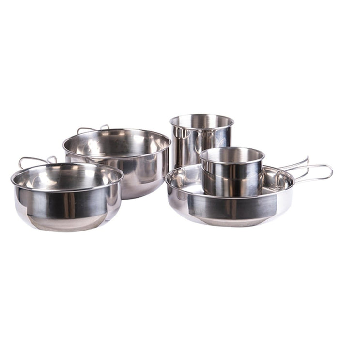 MIL-TEC roestvrijstalen 5-delige campingpannenset inclusief potten en kopjes voor buiten koken en draagbaarheid.