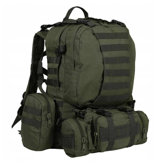 Olijfgroene tactische rugzak in militaire stijl met meerdere afneembare zakjes en MOLLE-band voor veelzijdig gebruik buitenshuis