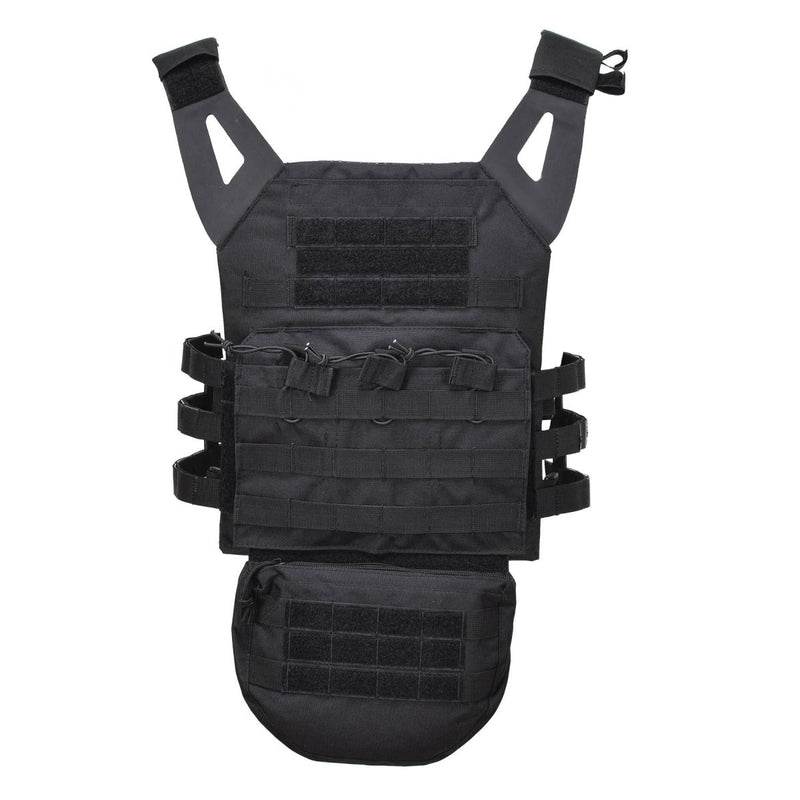 Black MIL-TEC dropdown pouch attached to tactical vest with MOLLE webbing for versatile gear storage and quick access.