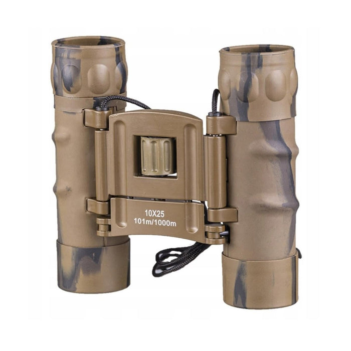 MIL-TEC Gen II 10x25 collapsible binoculars in desert camo with adjustable diopter and compact foldable design