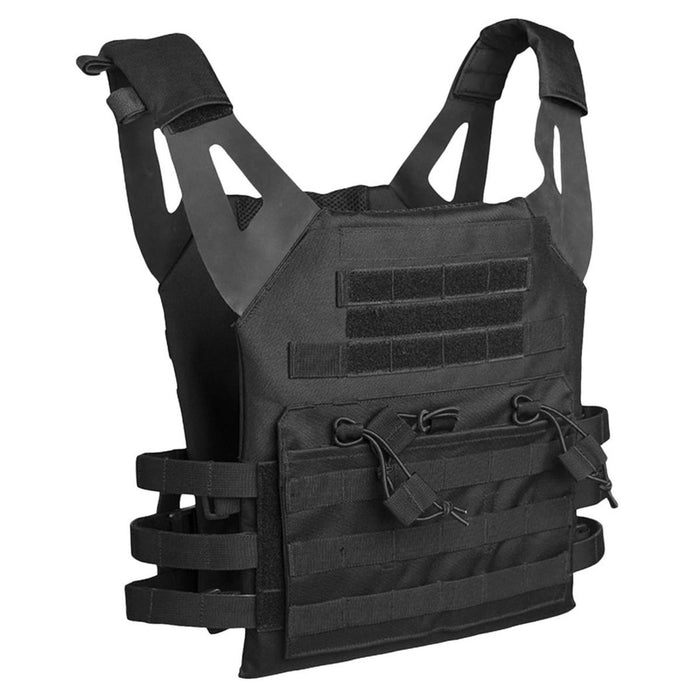 Zwart MIL-TEC Gen II militair plaatdragervest met verstelbare bandjes en MOLLE-band voor bevestiging van tactische uitrusting.