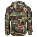 Back view of MIL-TEC German Military combat jacket in woodland camo with hood, windproof and lined for winter use